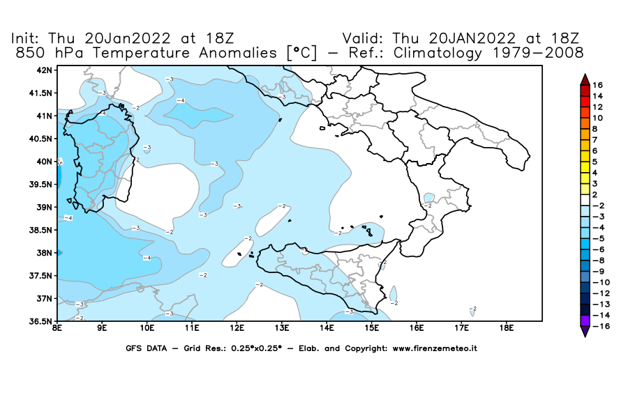 Mappa di analisi GFS - Anomalia Temperatura [°C] a 850 hPa in Sud-Italia
							del 20/01/2022 18 <!--googleoff: index-->UTC<!--googleon: index-->