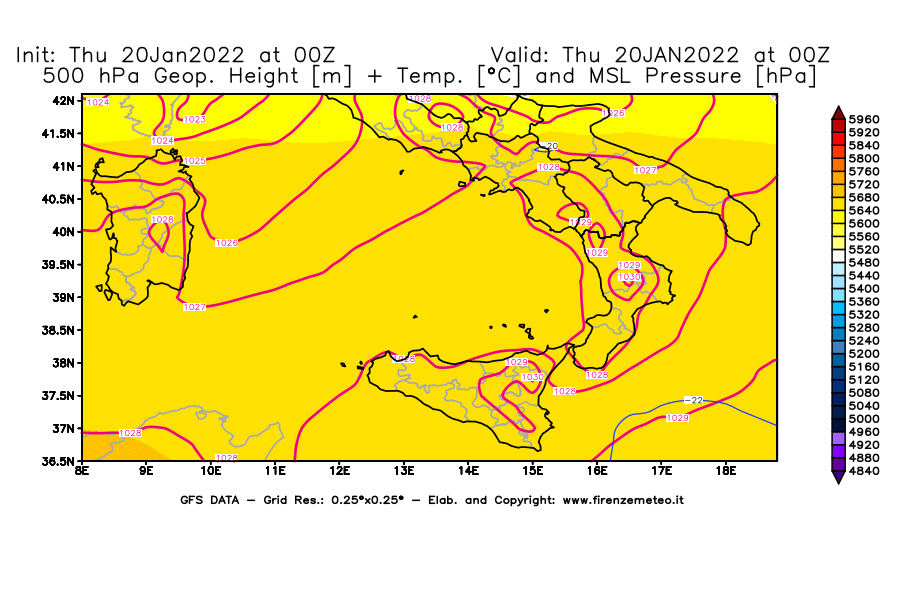 Mappa di analisi GFS - Geopotenziale [m] + Temp. [°C] a 500 hPa + Press. a livello del mare [hPa] in Sud-Italia
							del 20/01/2022 00 <!--googleoff: index-->UTC<!--googleon: index-->