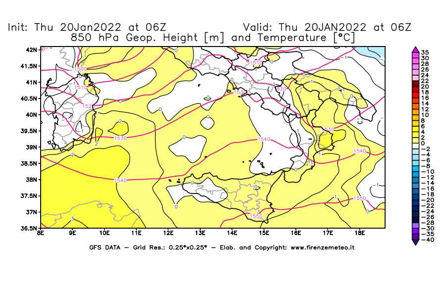 Mappa di analisi GFS - Geopotenziale [m] e Temperatura [°C] a 850 hPa in Sud-Italia
							del 20/01/2022 06 <!--googleoff: index-->UTC<!--googleon: index-->