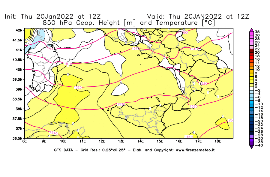 Mappa di analisi GFS - Geopotenziale [m] e Temperatura [°C] a 850 hPa in Sud-Italia
							del 20/01/2022 12 <!--googleoff: index-->UTC<!--googleon: index-->