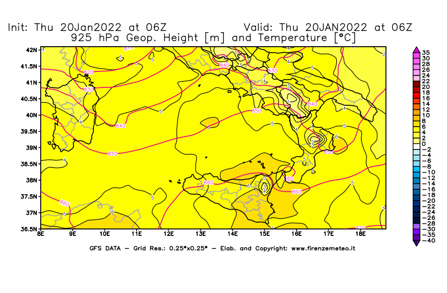 Mappa di analisi GFS - Geopotenziale [m] e Temperatura [°C] a 925 hPa in Sud-Italia
							del 20/01/2022 06 <!--googleoff: index-->UTC<!--googleon: index-->