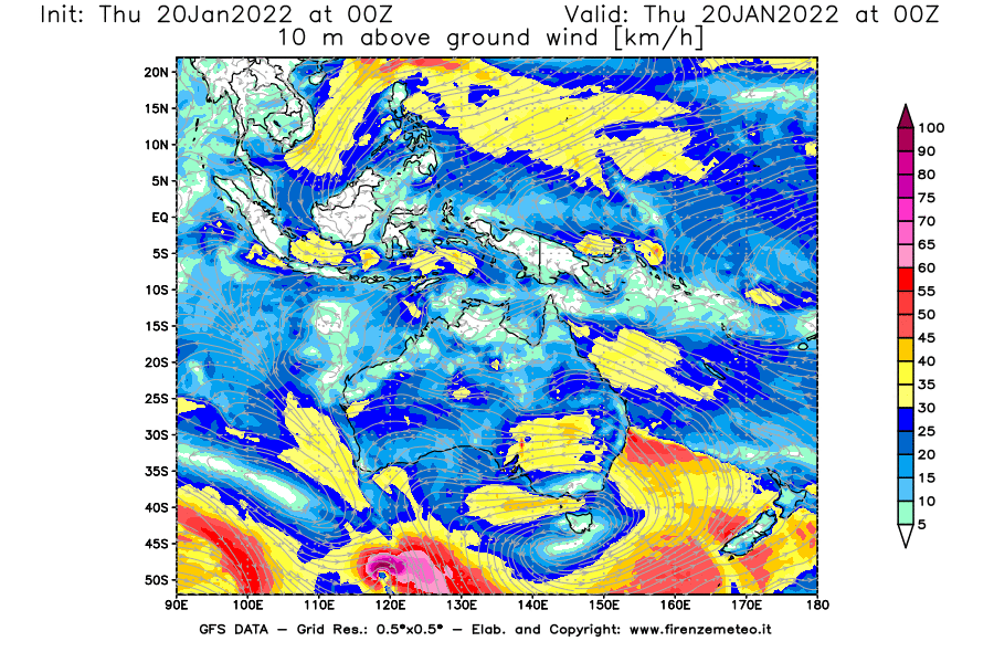 Mappa di analisi GFS - Velocità del vento a 10 metri dal suolo [km/h] in Oceania
							del 20/01/2022 00 <!--googleoff: index-->UTC<!--googleon: index-->