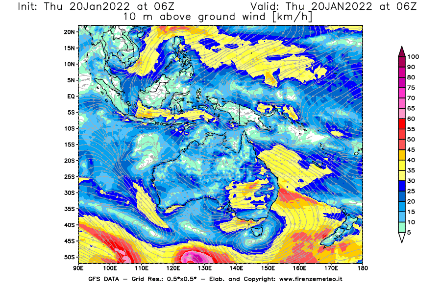 Mappa di analisi GFS - Velocità del vento a 10 metri dal suolo [km/h] in Oceania
							del 20/01/2022 06 <!--googleoff: index-->UTC<!--googleon: index-->