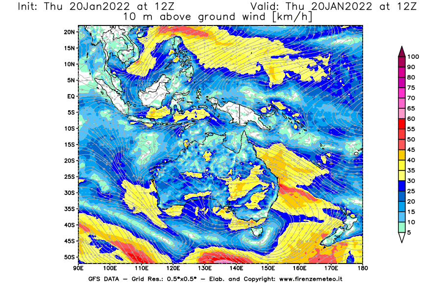 Mappa di analisi GFS - Velocità del vento a 10 metri dal suolo [km/h] in Oceania
							del 20/01/2022 12 <!--googleoff: index-->UTC<!--googleon: index-->