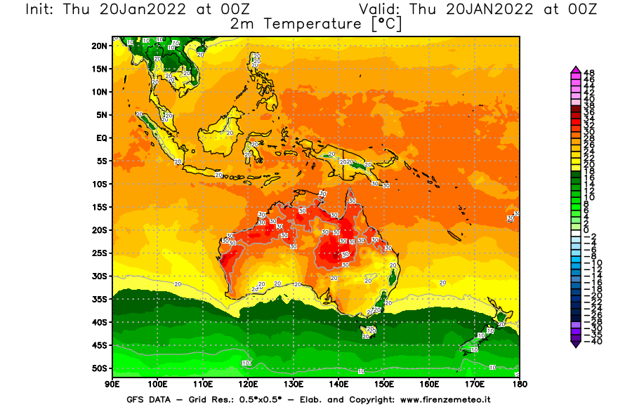 Mappa di analisi GFS - Temperatura a 2 metri dal suolo [°C] in Oceania
							del 20/01/2022 00 <!--googleoff: index-->UTC<!--googleon: index-->