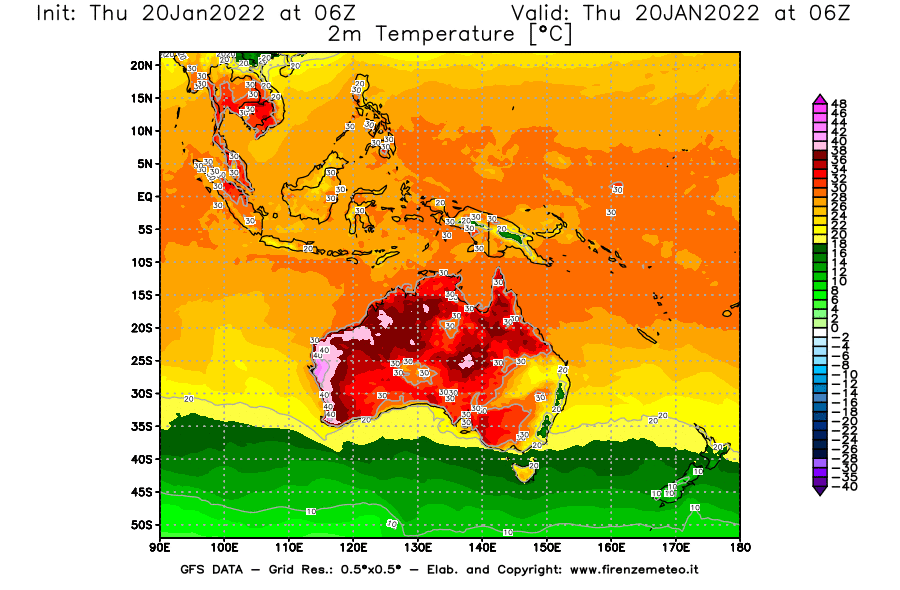 Mappa di analisi GFS - Temperatura a 2 metri dal suolo [°C] in Oceania
							del 20/01/2022 06 <!--googleoff: index-->UTC<!--googleon: index-->
