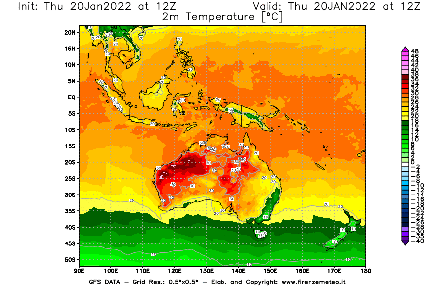 Mappa di analisi GFS - Temperatura a 2 metri dal suolo [°C] in Oceania
							del 20/01/2022 12 <!--googleoff: index-->UTC<!--googleon: index-->