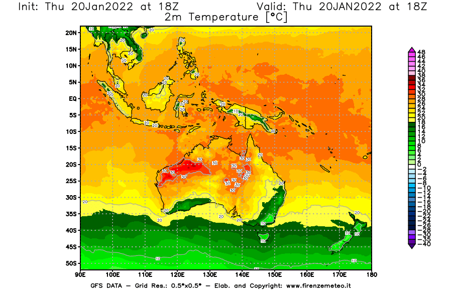 Mappa di analisi GFS - Temperatura a 2 metri dal suolo [°C] in Oceania
							del 20/01/2022 18 <!--googleoff: index-->UTC<!--googleon: index-->