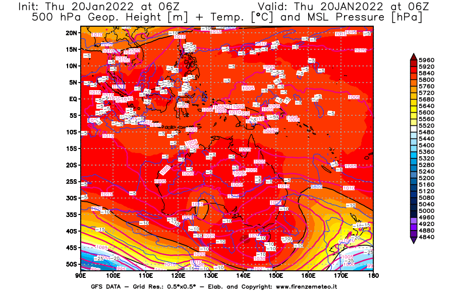 Mappa di analisi GFS - Geopotenziale [m] + Temp. [°C] a 500 hPa + Press. a livello del mare [hPa] in Oceania
							del 20/01/2022 06 <!--googleoff: index-->UTC<!--googleon: index-->