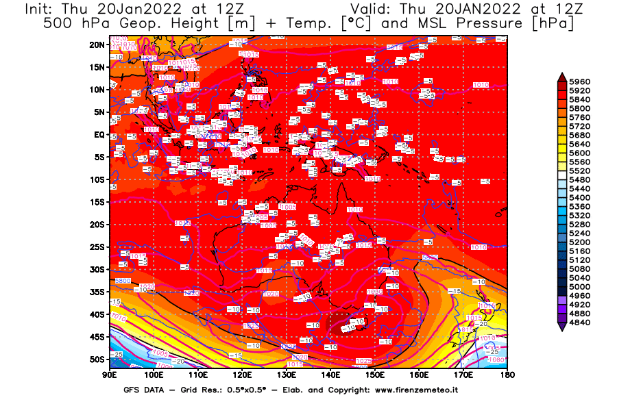 Mappa di analisi GFS - Geopotenziale [m] + Temp. [°C] a 500 hPa + Press. a livello del mare [hPa] in Oceania
							del 20/01/2022 12 <!--googleoff: index-->UTC<!--googleon: index-->