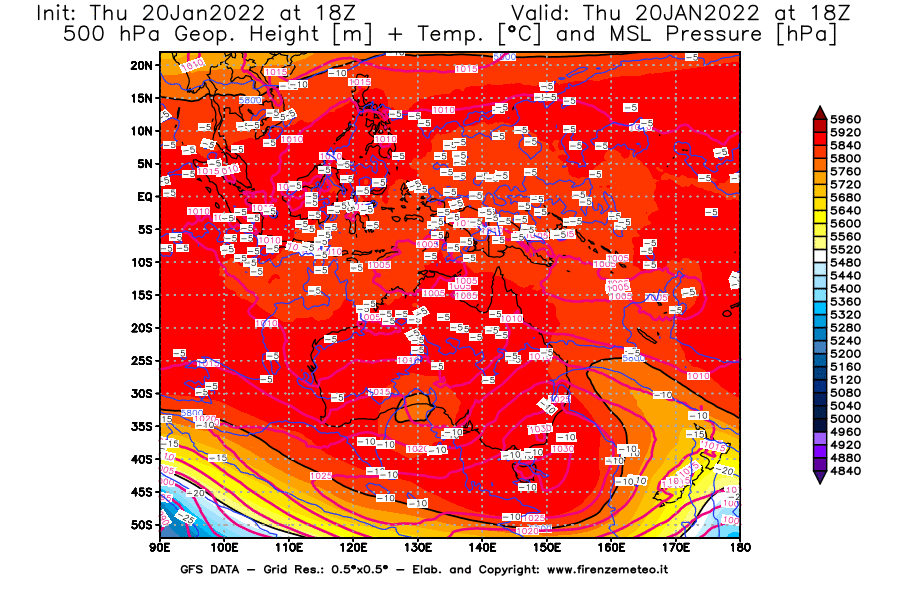 Mappa di analisi GFS - Geopotenziale [m] + Temp. [°C] a 500 hPa + Press. a livello del mare [hPa] in Oceania
							del 20/01/2022 18 <!--googleoff: index-->UTC<!--googleon: index-->