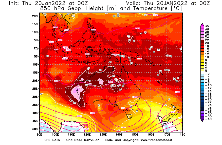 Mappa di analisi GFS - Geopotenziale [m] e Temperatura [°C] a 850 hPa in Oceania
							del 20/01/2022 00 <!--googleoff: index-->UTC<!--googleon: index-->