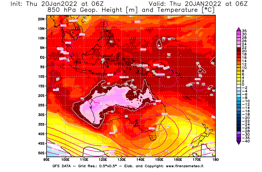 Mappa di analisi GFS - Geopotenziale [m] e Temperatura [°C] a 850 hPa in Oceania
							del 20/01/2022 06 <!--googleoff: index-->UTC<!--googleon: index-->