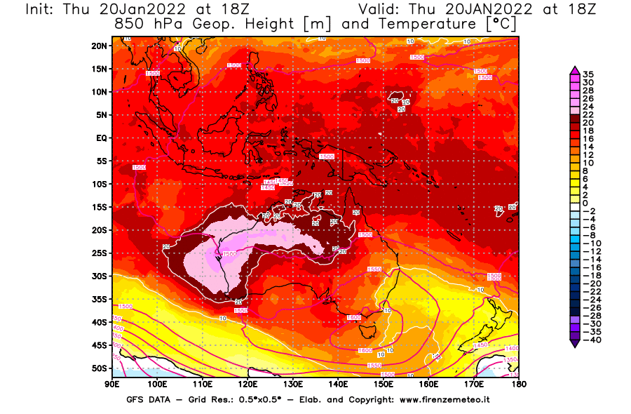 Mappa di analisi GFS - Geopotenziale [m] e Temperatura [°C] a 850 hPa in Oceania
							del 20/01/2022 18 <!--googleoff: index-->UTC<!--googleon: index-->