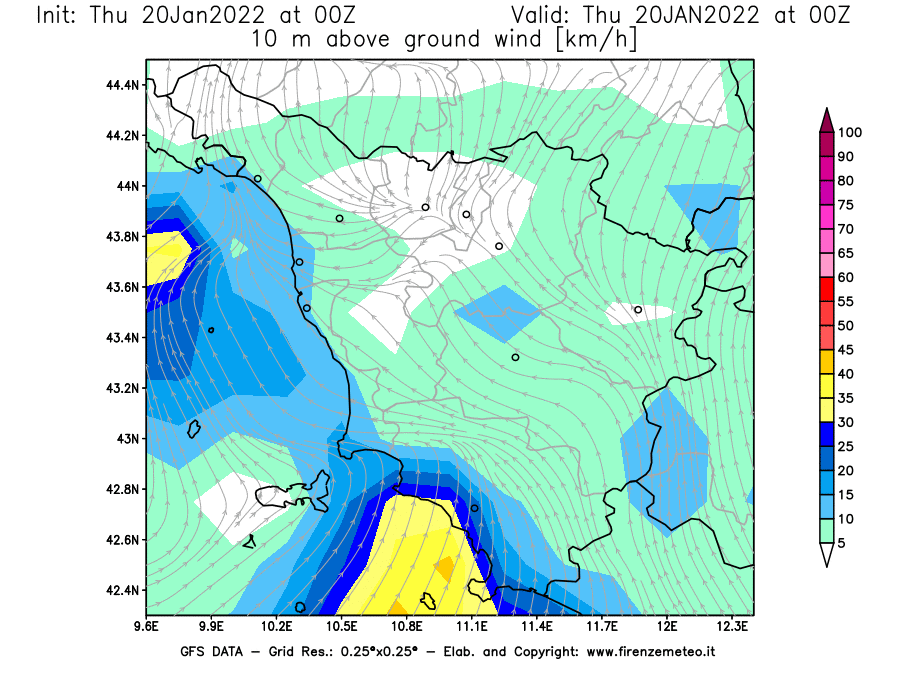 Mappa di analisi GFS - Velocità del vento a 10 metri dal suolo [km/h] in Toscana
							del 20/01/2022 00 <!--googleoff: index-->UTC<!--googleon: index-->