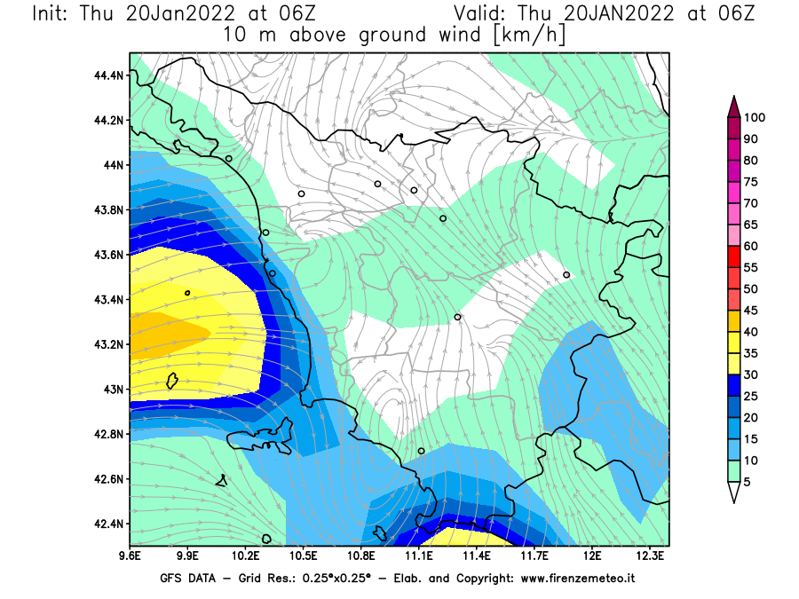 Mappa di analisi GFS - Velocità del vento a 10 metri dal suolo [km/h] in Toscana
							del 20/01/2022 06 <!--googleoff: index-->UTC<!--googleon: index-->