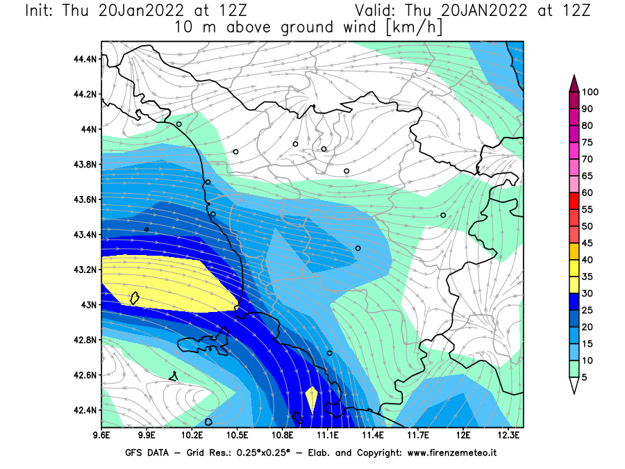 Mappa di analisi GFS - Velocità del vento a 10 metri dal suolo [km/h] in Toscana
							del 20/01/2022 12 <!--googleoff: index-->UTC<!--googleon: index-->