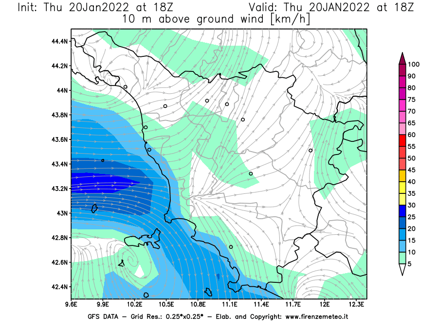Mappa di analisi GFS - Velocità del vento a 10 metri dal suolo [km/h] in Toscana
							del 20/01/2022 18 <!--googleoff: index-->UTC<!--googleon: index-->