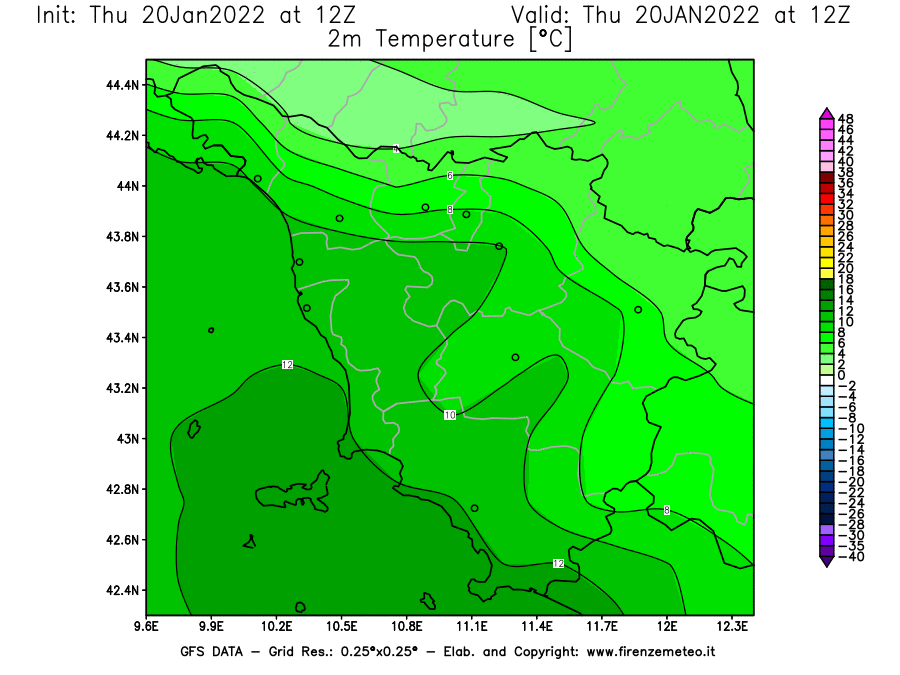 Mappa di analisi GFS - Temperatura a 2 metri dal suolo [°C] in Toscana
							del 20/01/2022 12 <!--googleoff: index-->UTC<!--googleon: index-->