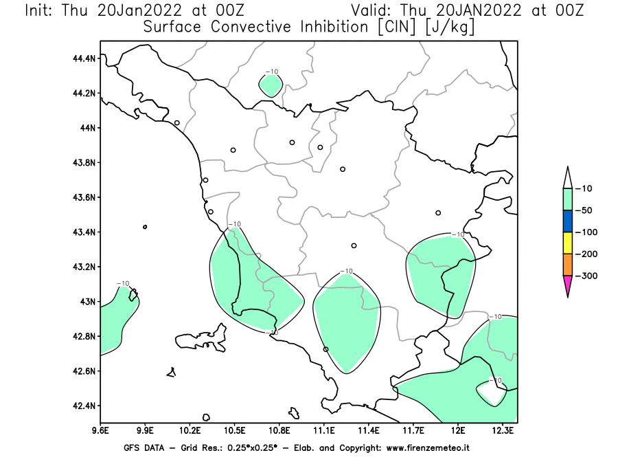 Mappa di analisi GFS - CIN [J/kg] in Toscana
							del 20/01/2022 00 <!--googleoff: index-->UTC<!--googleon: index-->