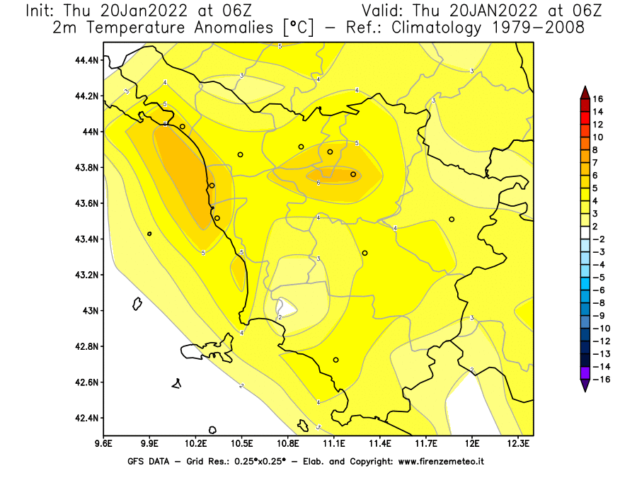 Mappa di analisi GFS - Anomalia Temperatura [°C] a 2 m in Toscana
							del 20/01/2022 06 <!--googleoff: index-->UTC<!--googleon: index-->
