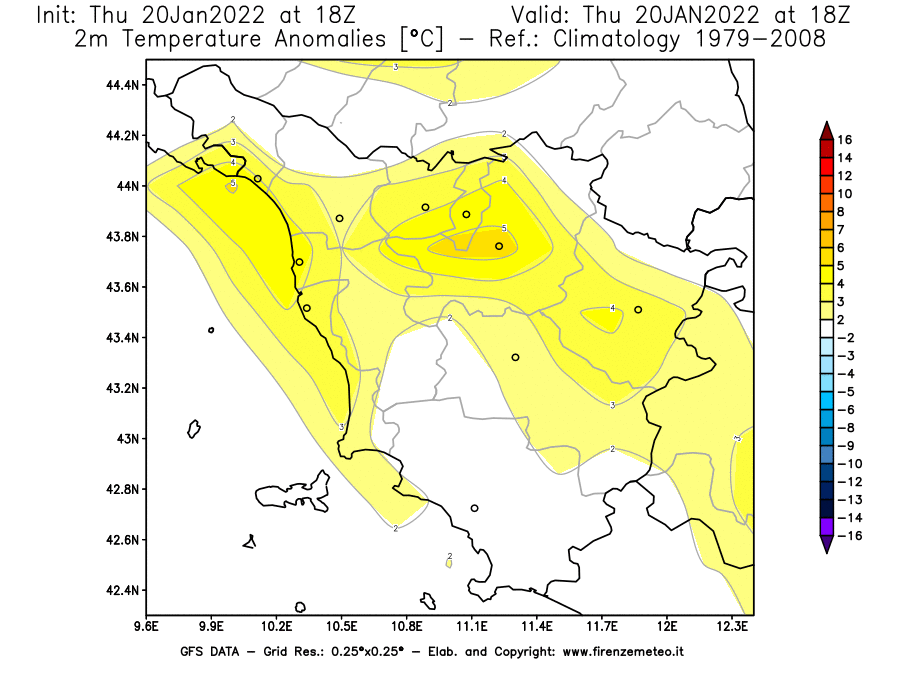 Mappa di analisi GFS - Anomalia Temperatura [°C] a 2 m in Toscana
							del 20/01/2022 18 <!--googleoff: index-->UTC<!--googleon: index-->