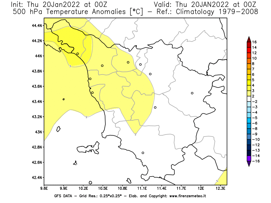 Mappa di analisi GFS - Anomalia Temperatura [°C] a 500 hPa in Toscana
							del 20/01/2022 00 <!--googleoff: index-->UTC<!--googleon: index-->