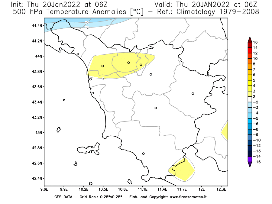 Mappa di analisi GFS - Anomalia Temperatura [°C] a 500 hPa in Toscana
							del 20/01/2022 06 <!--googleoff: index-->UTC<!--googleon: index-->