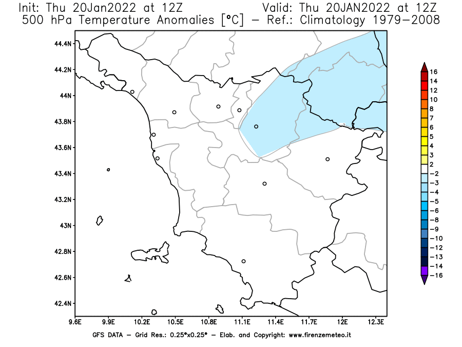 Mappa di analisi GFS - Anomalia Temperatura [°C] a 500 hPa in Toscana
							del 20/01/2022 12 <!--googleoff: index-->UTC<!--googleon: index-->