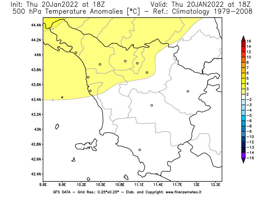 Mappa di analisi GFS - Anomalia Temperatura [°C] a 500 hPa in Toscana
							del 20/01/2022 18 <!--googleoff: index-->UTC<!--googleon: index-->