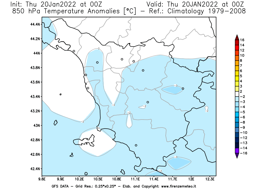 Mappa di analisi GFS - Anomalia Temperatura [°C] a 850 hPa in Toscana
							del 20/01/2022 00 <!--googleoff: index-->UTC<!--googleon: index-->
