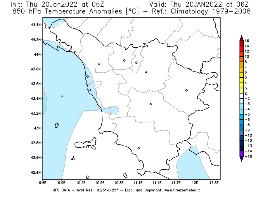 Mappa di analisi GFS - Anomalia Temperatura [°C] a 850 hPa in Toscana
							del 20/01/2022 06 <!--googleoff: index-->UTC<!--googleon: index-->