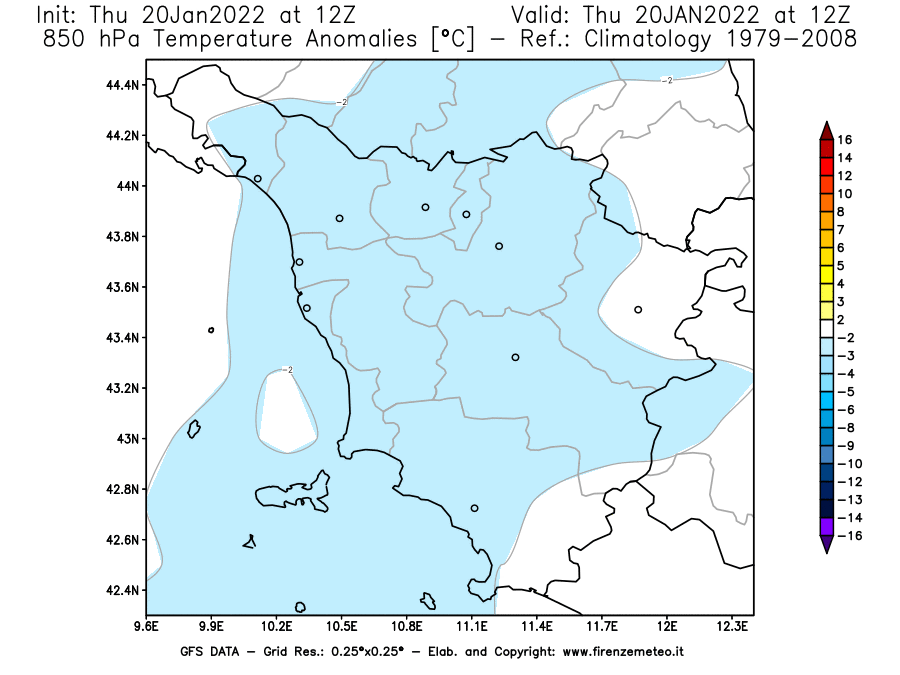 Mappa di analisi GFS - Anomalia Temperatura [°C] a 850 hPa in Toscana
							del 20/01/2022 12 <!--googleoff: index-->UTC<!--googleon: index-->