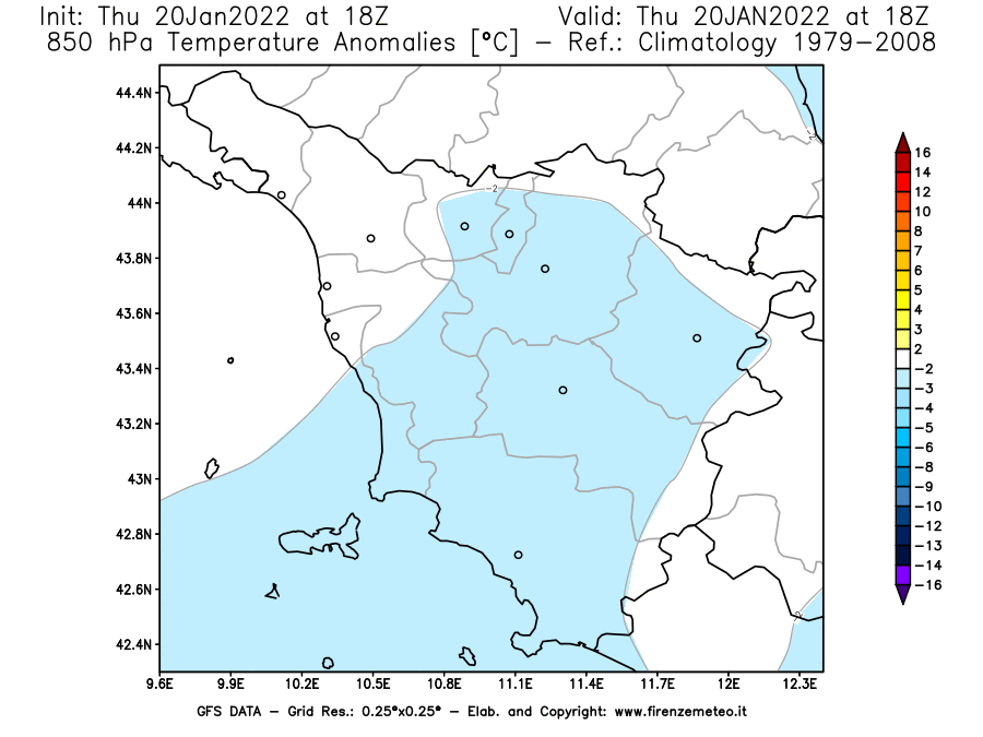 Mappa di analisi GFS - Anomalia Temperatura [°C] a 850 hPa in Toscana
							del 20/01/2022 18 <!--googleoff: index-->UTC<!--googleon: index-->