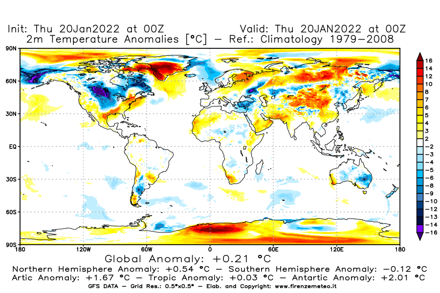 Mappa di analisi GFS - Anomalia Temperatura [°C] a 2 m in World
							del 20/01/2022 00 <!--googleoff: index-->UTC<!--googleon: index-->