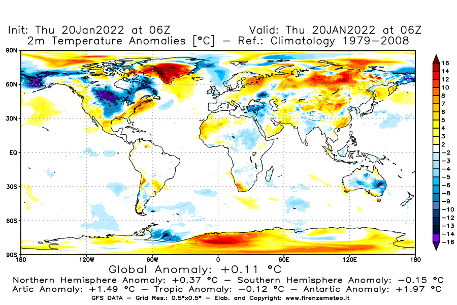 Mappa di analisi GFS - Anomalia Temperatura [°C] a 2 m in World
							del 20/01/2022 06 <!--googleoff: index-->UTC<!--googleon: index-->