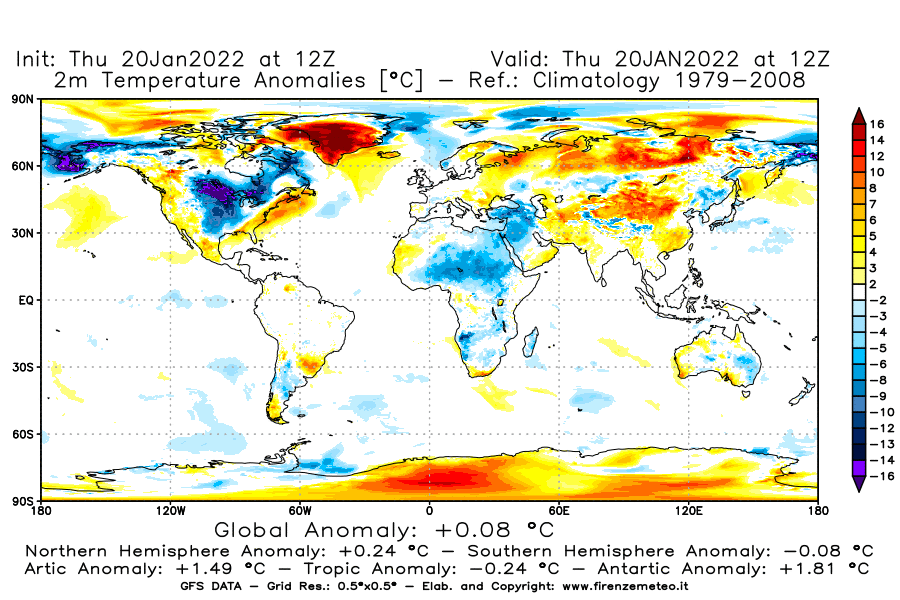 Mappa di analisi GFS - Anomalia Temperatura [°C] a 2 m in World
							del 20/01/2022 12 <!--googleoff: index-->UTC<!--googleon: index-->
