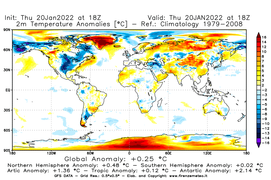 Mappa di analisi GFS - Anomalia Temperatura [°C] a 2 m in World
							del 20/01/2022 18 <!--googleoff: index-->UTC<!--googleon: index-->