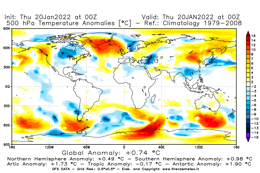 Mappa di analisi GFS - Anomalia Temperatura [°C] a 500 hPa in World
							del 20/01/2022 00 <!--googleoff: index-->UTC<!--googleon: index-->