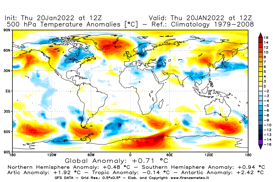 Mappa di analisi GFS - Anomalia Temperatura [°C] a 500 hPa in World
							del 20/01/2022 12 <!--googleoff: index-->UTC<!--googleon: index-->