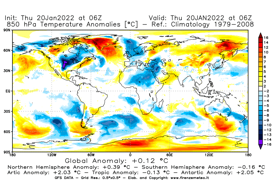 Mappa di analisi GFS - Anomalia Temperatura [°C] a 850 hPa in World
							del 20/01/2022 06 <!--googleoff: index-->UTC<!--googleon: index-->
