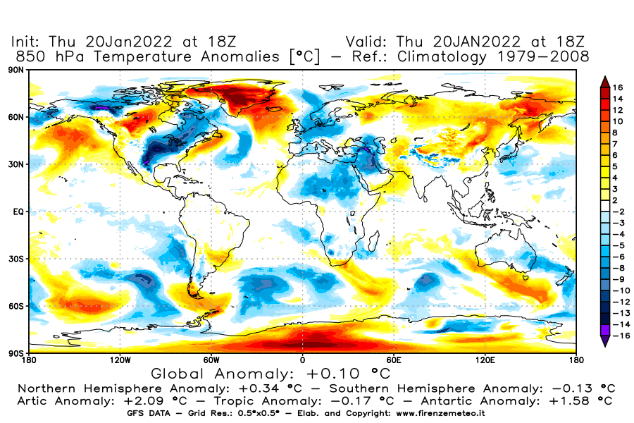 Mappa di analisi GFS - Anomalia Temperatura [°C] a 850 hPa in World
							del 20/01/2022 18 <!--googleoff: index-->UTC<!--googleon: index-->