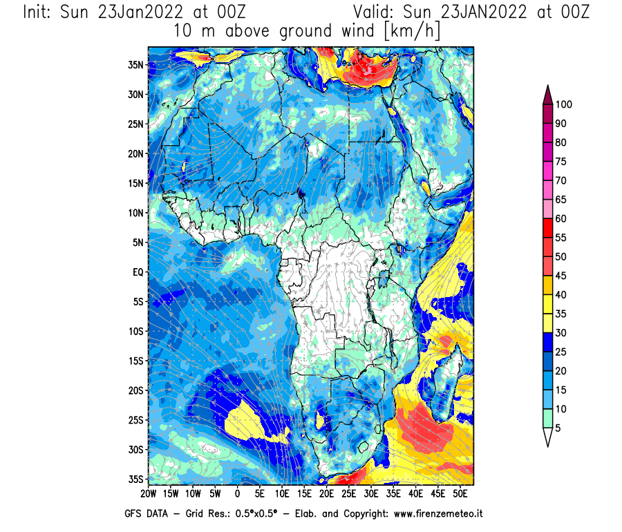 Mappa di analisi GFS - Velocità del vento a 10 metri dal suolo [km/h] in Africa
							del 23/01/2022 00 <!--googleoff: index-->UTC<!--googleon: index-->