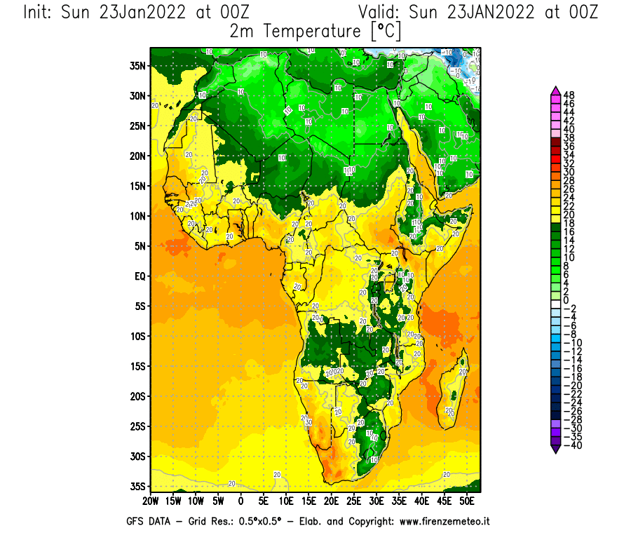 Mappa di analisi GFS - Temperatura a 2 metri dal suolo [°C] in Africa
							del 23/01/2022 00 <!--googleoff: index-->UTC<!--googleon: index-->
