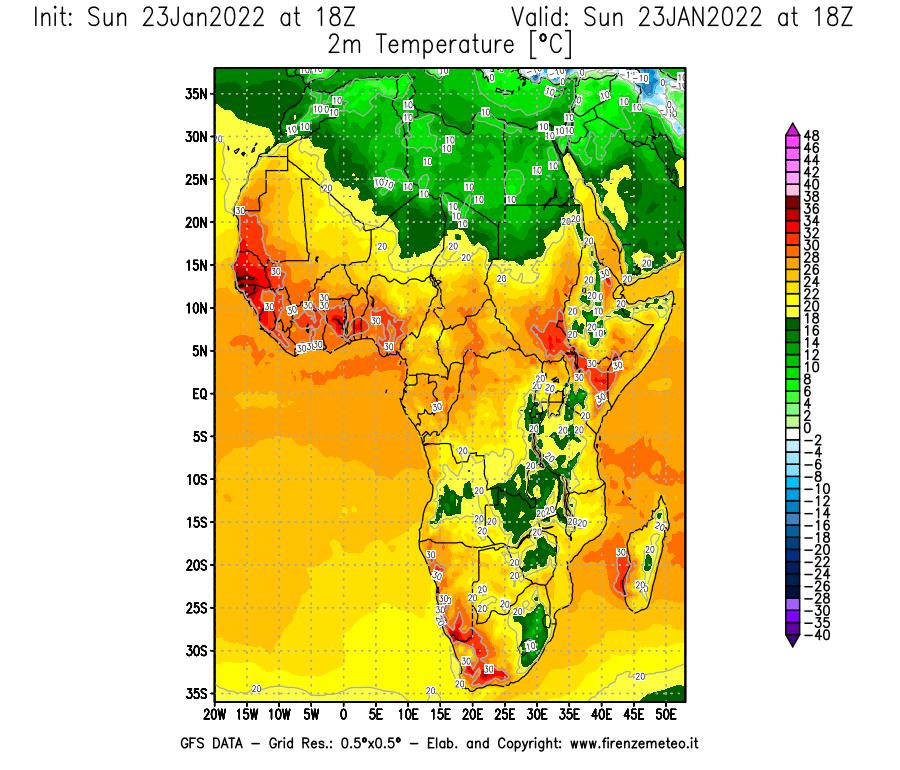Mappa di analisi GFS - Temperatura a 2 metri dal suolo [°C] in Africa
							del 23/01/2022 18 <!--googleoff: index-->UTC<!--googleon: index-->
