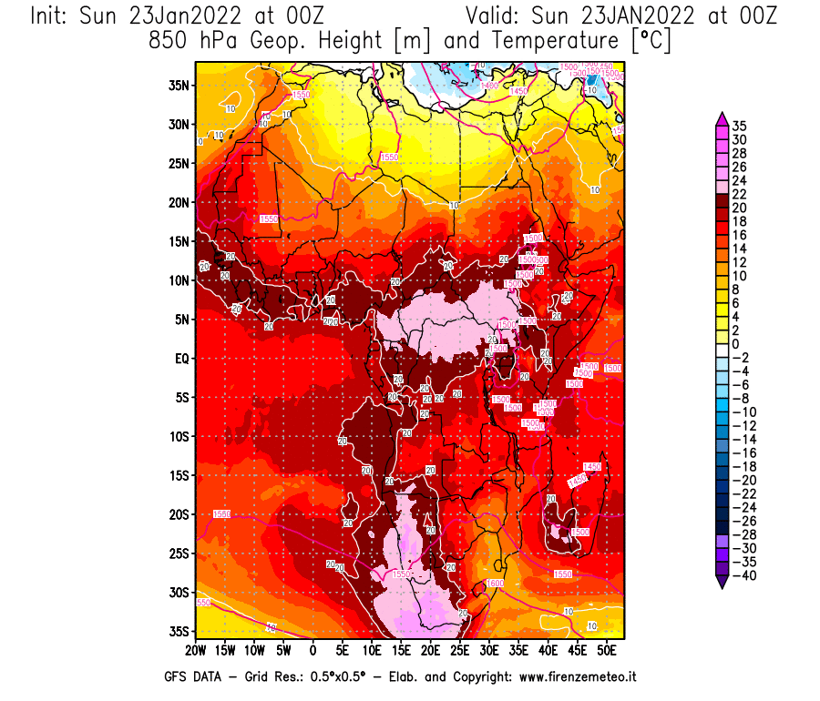 Mappa di analisi GFS - Geopotenziale [m] e Temperatura [°C] a 850 hPa in Africa
							del 23/01/2022 00 <!--googleoff: index-->UTC<!--googleon: index-->