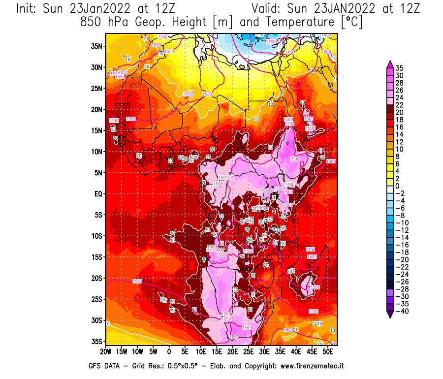 Mappa di analisi GFS - Geopotenziale [m] e Temperatura [°C] a 850 hPa in Africa
							del 23/01/2022 12 <!--googleoff: index-->UTC<!--googleon: index-->
