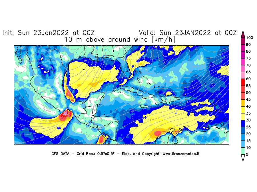 Mappa di analisi GFS - Velocità del vento a 10 metri dal suolo [km/h] in Centro-America
							del 23/01/2022 00 <!--googleoff: index-->UTC<!--googleon: index-->