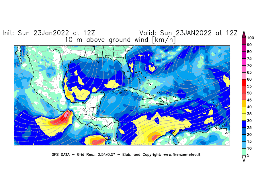 Mappa di analisi GFS - Velocità del vento a 10 metri dal suolo [km/h] in Centro-America
							del 23/01/2022 12 <!--googleoff: index-->UTC<!--googleon: index-->