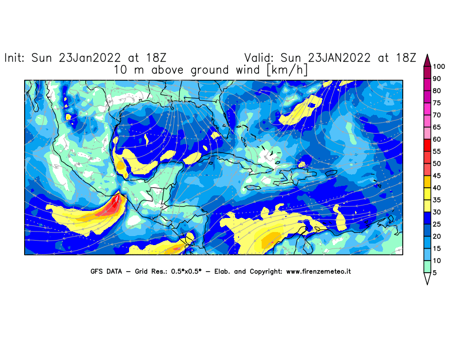 Mappa di analisi GFS - Velocità del vento a 10 metri dal suolo [km/h] in Centro-America
							del 23/01/2022 18 <!--googleoff: index-->UTC<!--googleon: index-->
